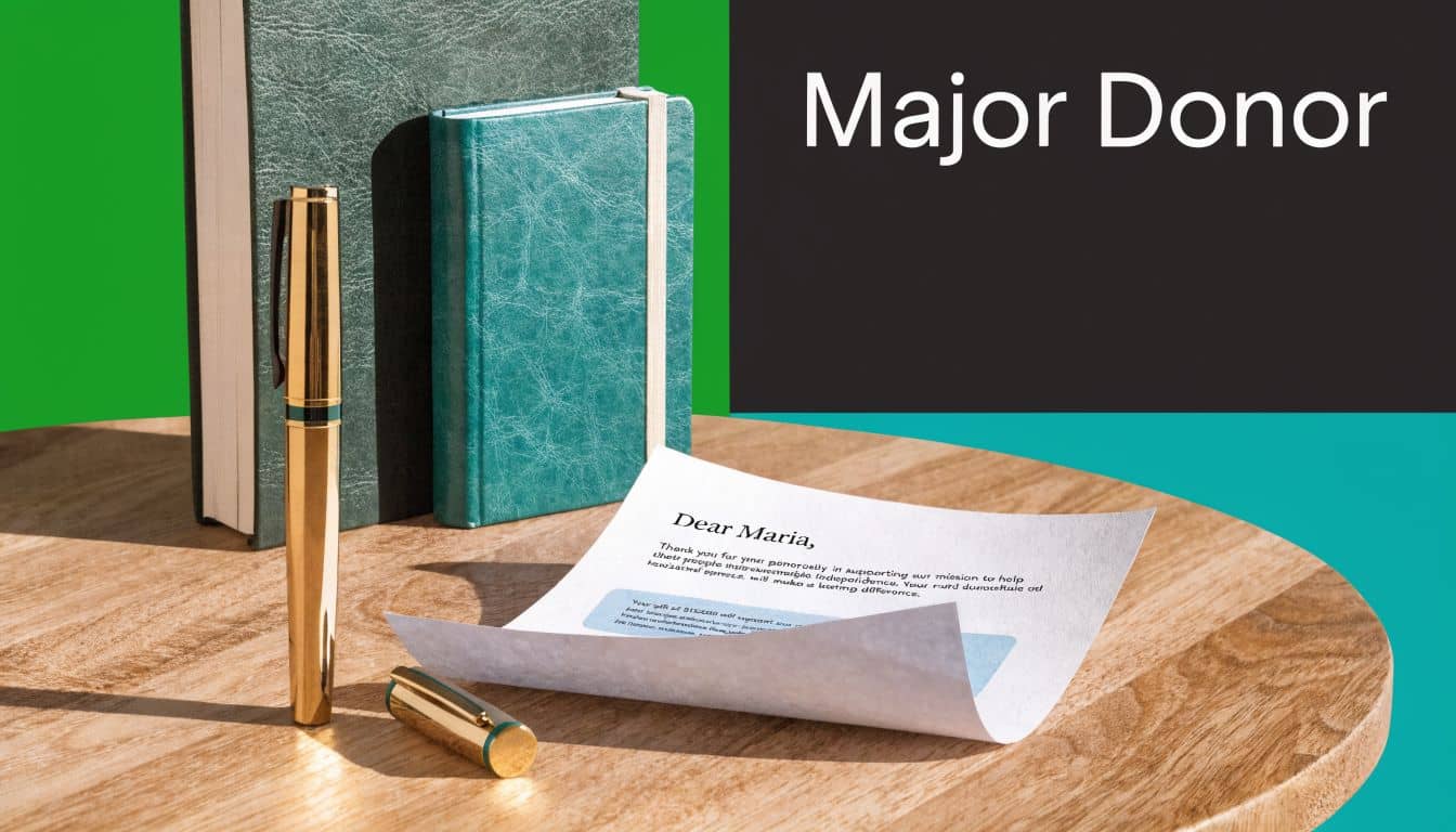 Letter of appreciation for a major donor resting on a desk with notebooks and pens