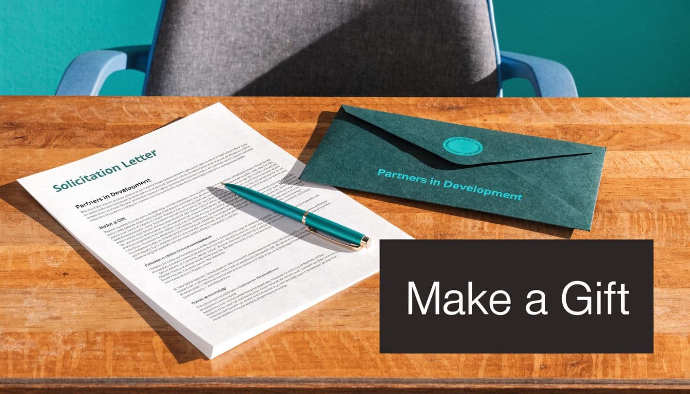 A solicitation letter for a nonprofit organization lies on a wooden desk with a pen and envelope.
