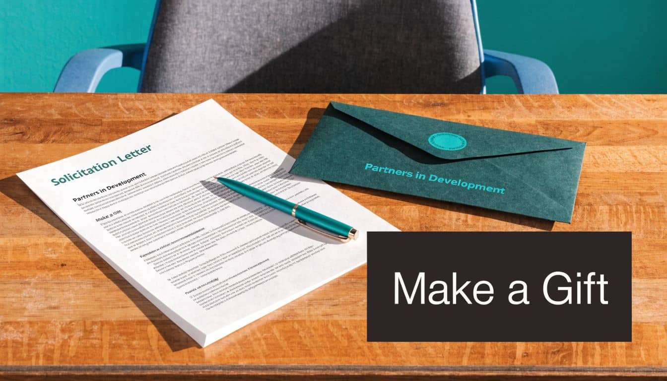 Solicitation letter for a nonprofit organization lies on a desk with a pen and envelope