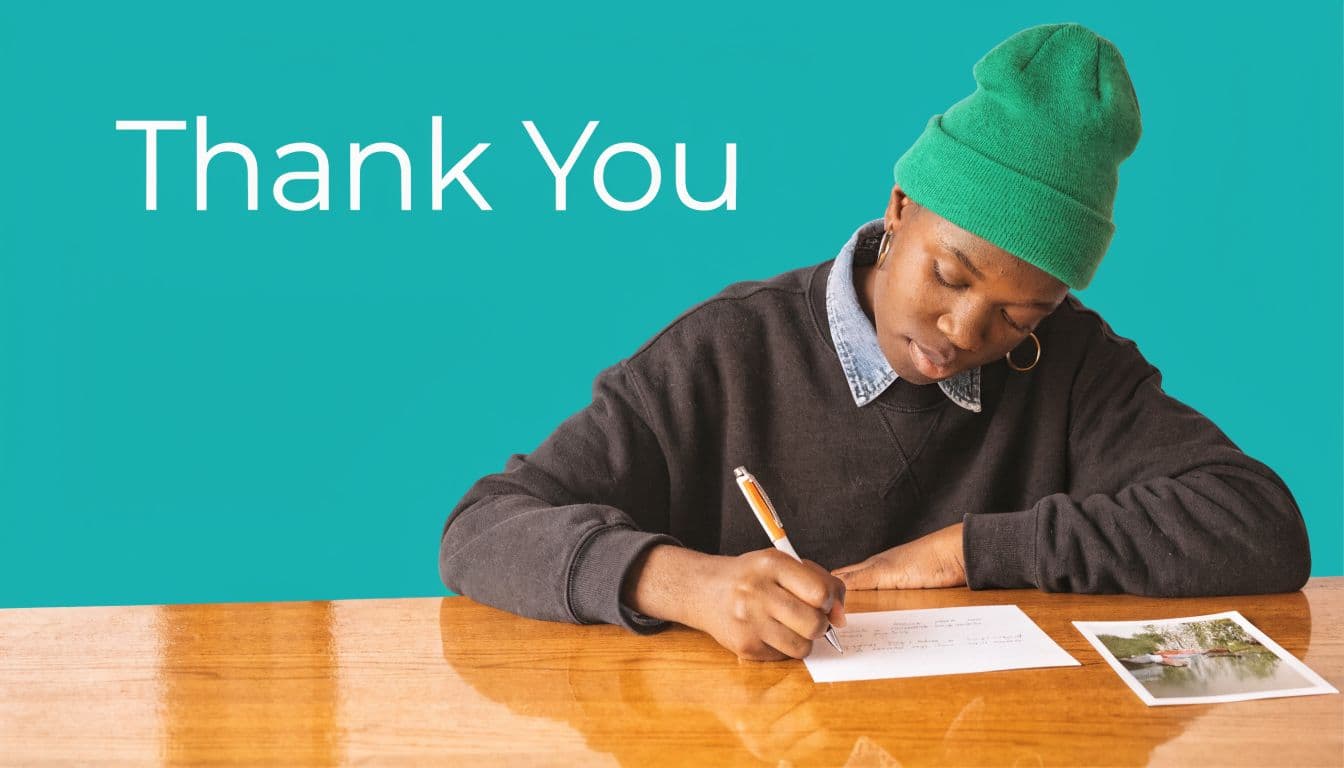 Young person wearing a green beanie writing a thank you note at a wooden table.