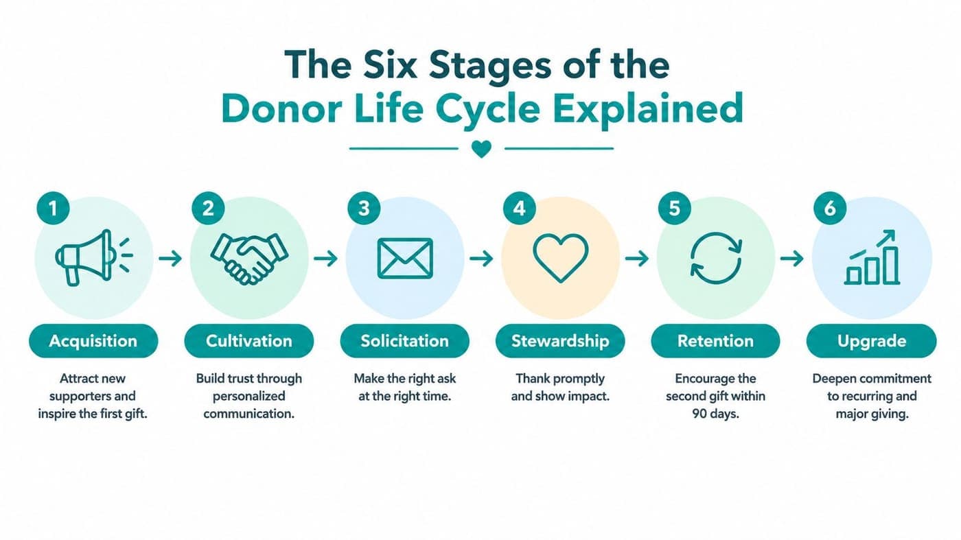 Six donor life cycle stages from acquisition through upgrade