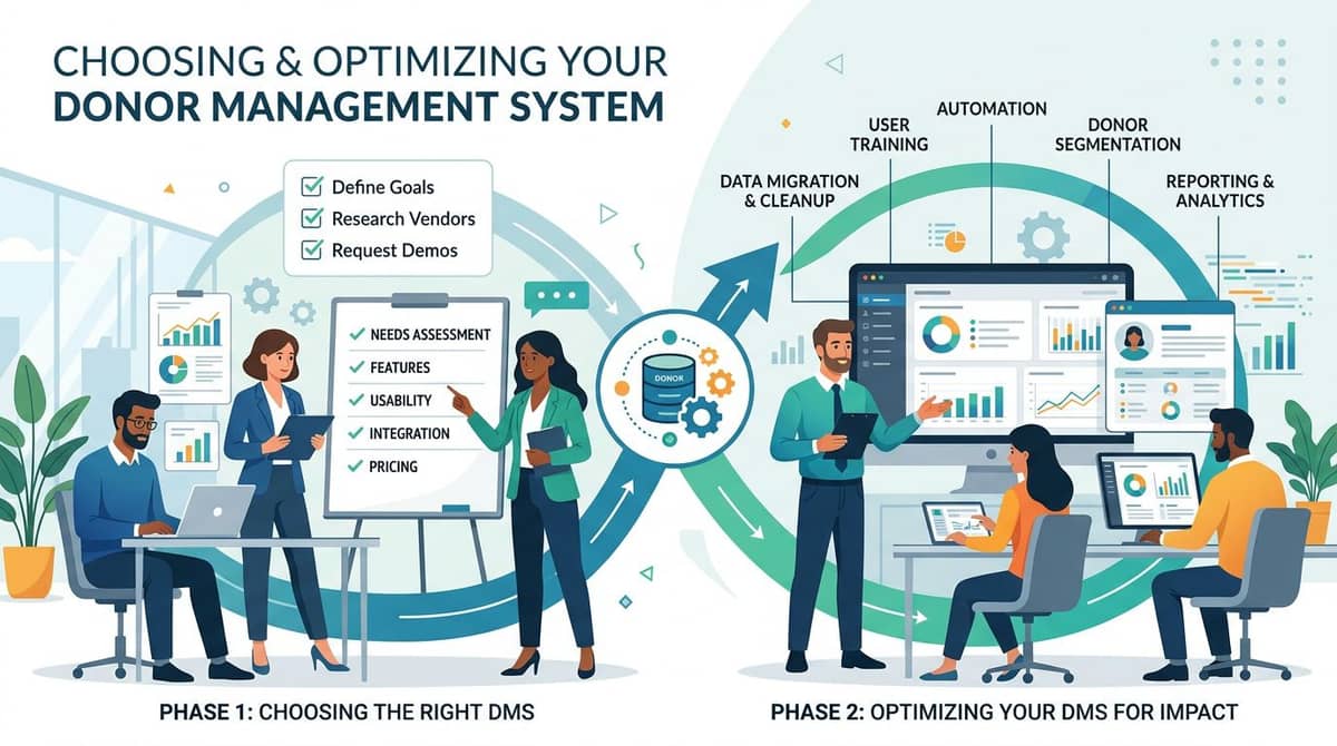 Two-phase process for choosing and optimizing a nonprofit donor management system