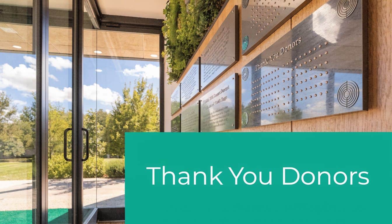 Modern building wall featuring donor recognition plaques and a vertical garden near glass entrance doors.