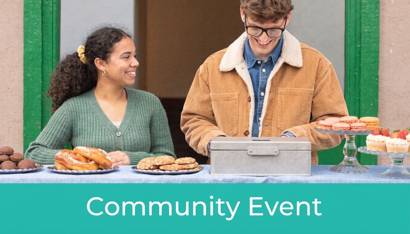 A young woman and man smiling while running a bake sale table at a community event.