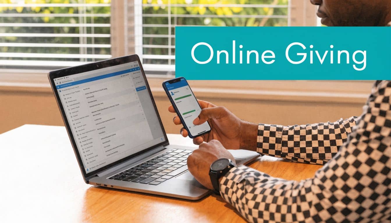 Person using a laptop and a smartphone to manage online donations for a fundraising campaign.