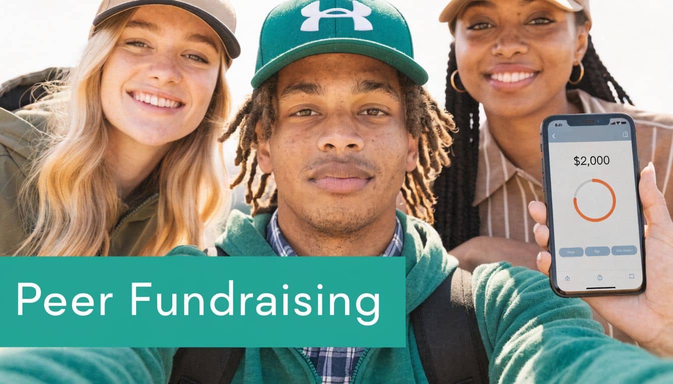 Group of young people smiling while holding a smartphone showing a peer fundraising app screen.
