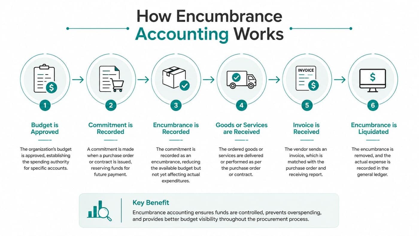 Six-step encumbrance accounting process from budget approval to liquidation