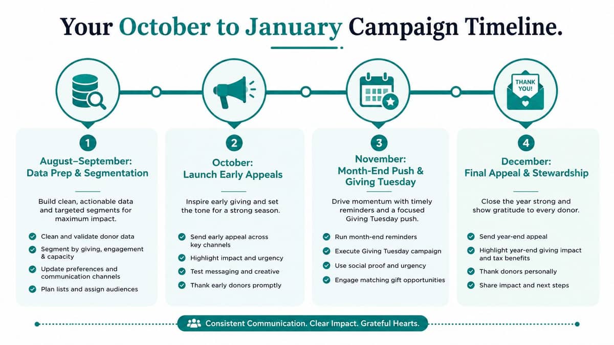 August through December campaign timeline for nonprofit end of year giving