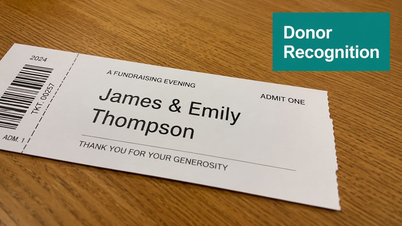 Fundraising event ticket with donor name and seat details