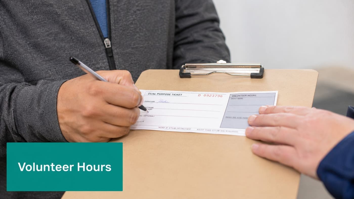 Volunteer event ticket form documenting service hours approval
