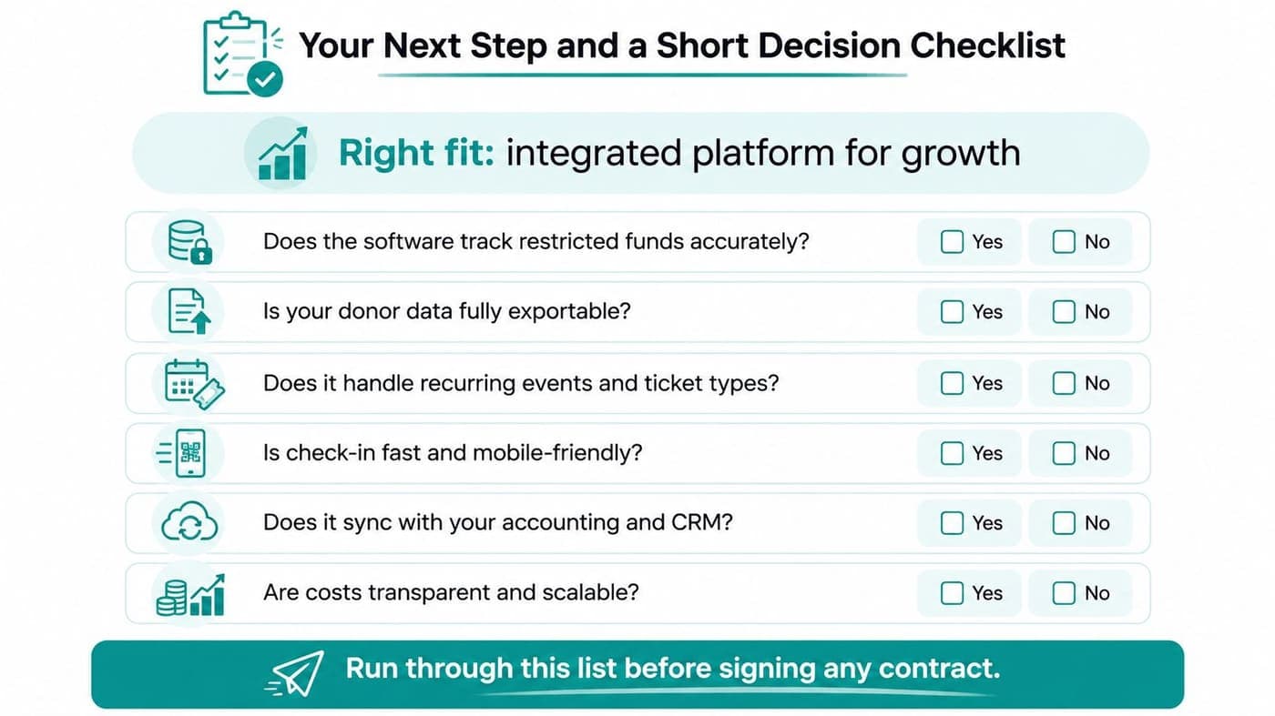 Decision checklist for evaluating nonprofit event ticketing and accounting connections