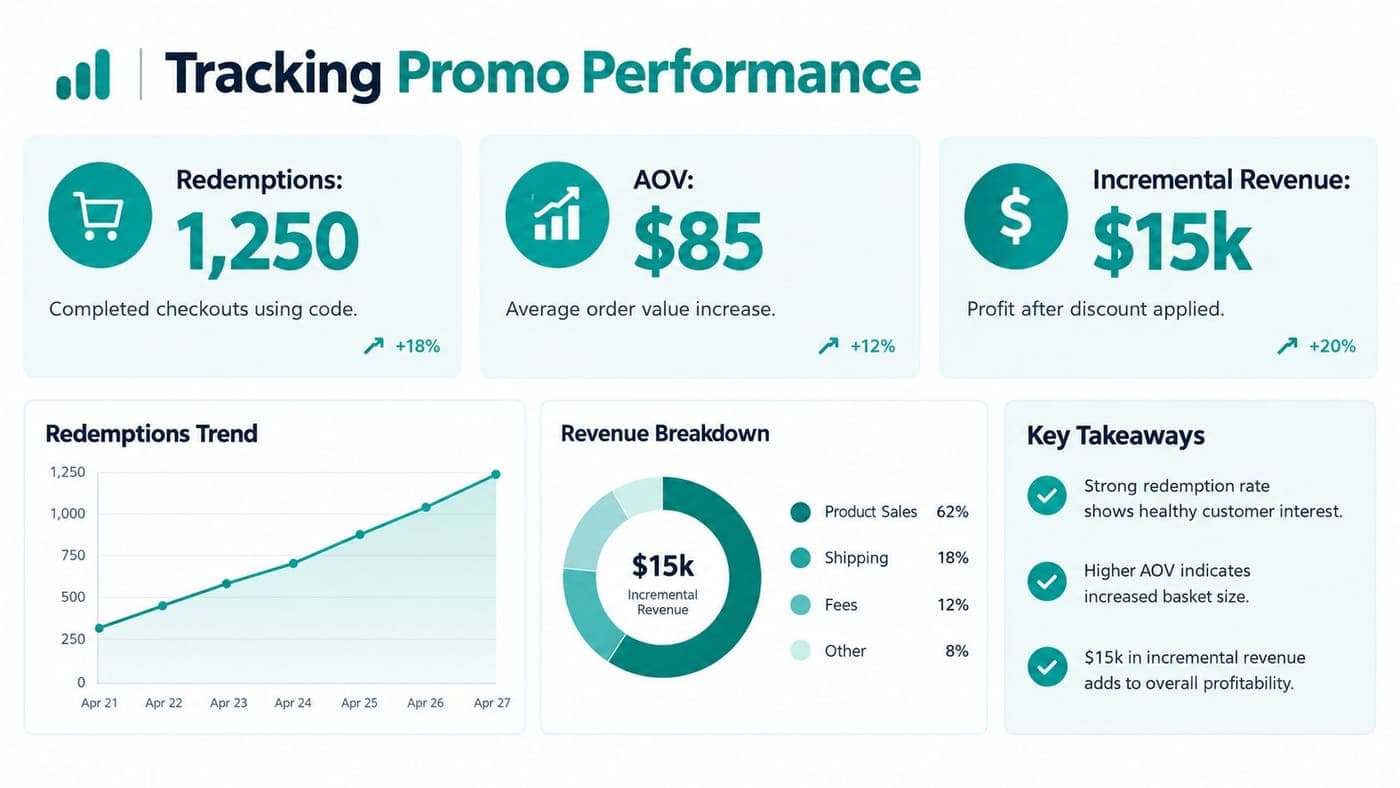 Dashboard showing promo code redemptions, order value, and incremental revenue