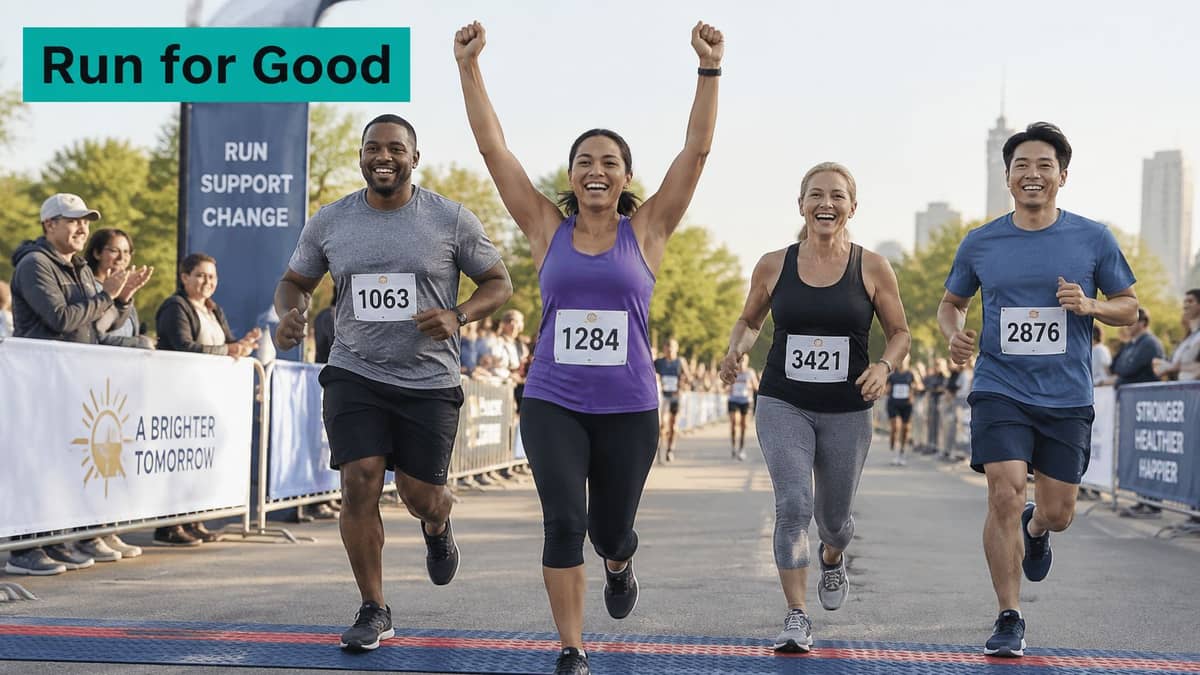 Runners crossing the finish line together at a daytime charity race