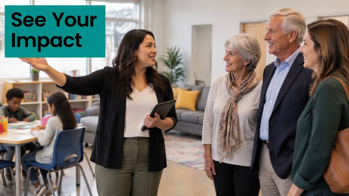 Woman giving a community center tour to a couple interested in programs