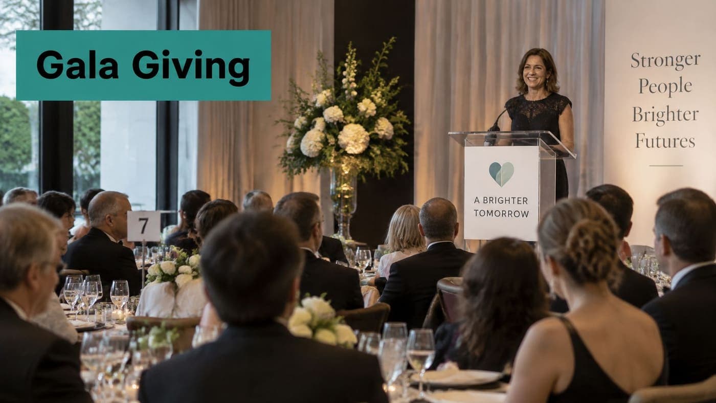 Woman speaking at a podium during a formal charity gala dinner