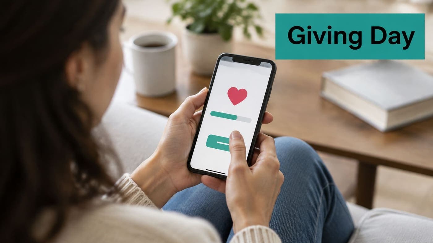 Woman checking a phone progress bar during an online giving day