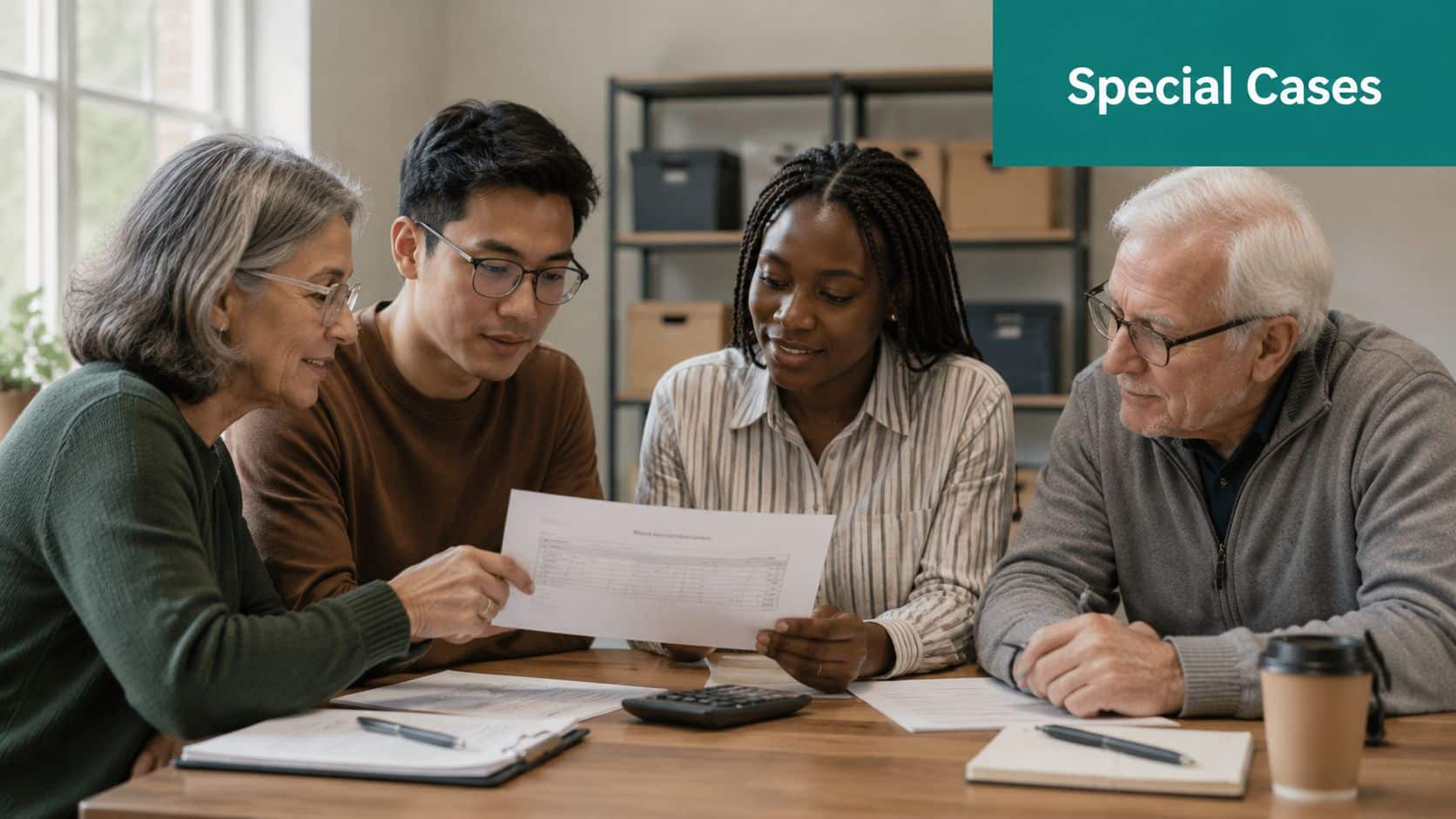 Group of people sitting around a wooden table reviewing an expense reimbursement form together.