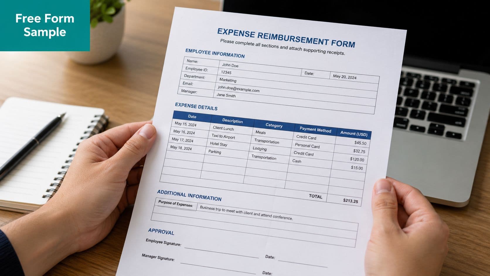 A person holding a printed expense reimbursement form in their hands at a desk with a laptop.