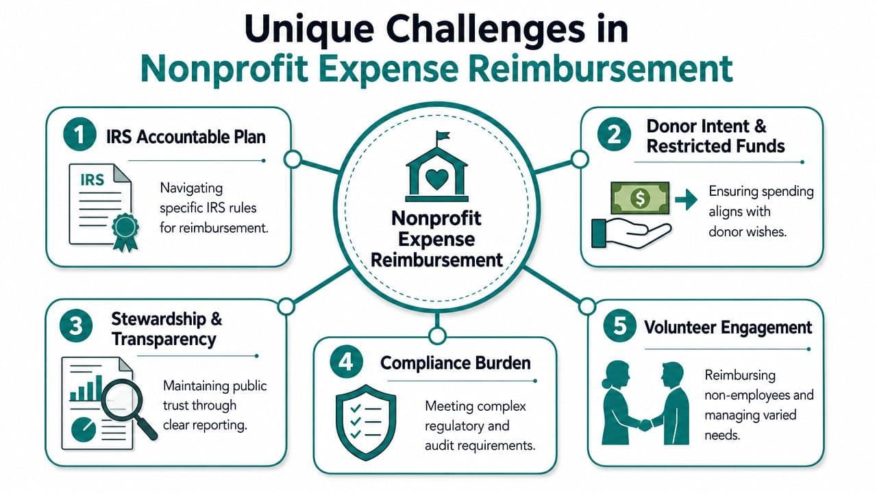 A diagram outlining five key challenges nonprofits face regarding expense reimbursement and regulatory compliance management.