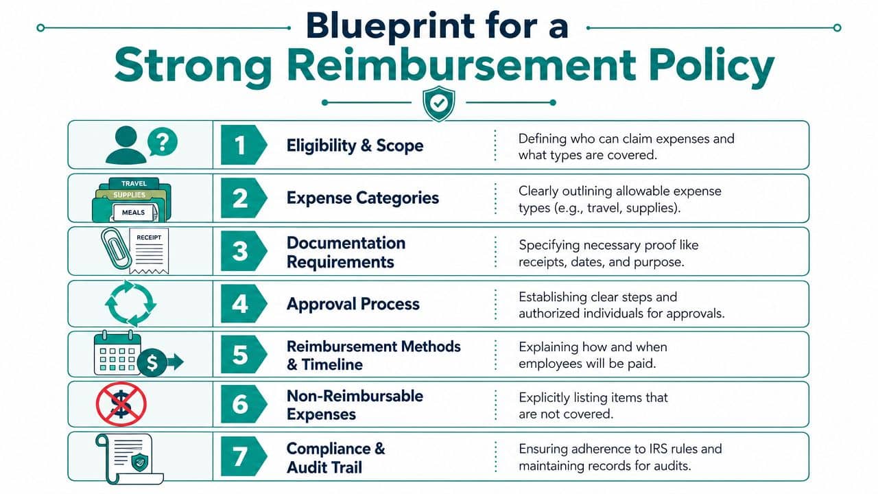 Infographic detailing seven essential components for creating an effective and clear corporate expense reimbursement policy.
