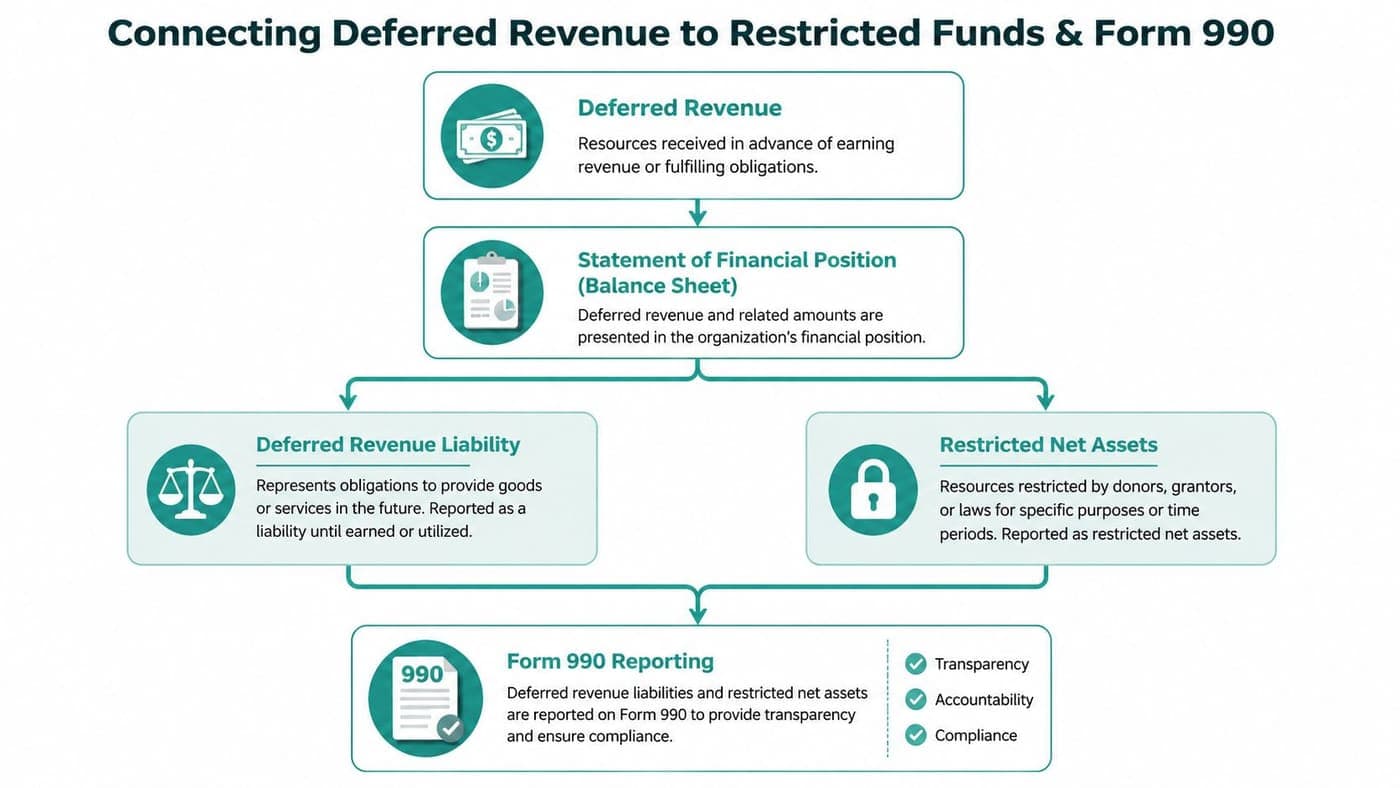 Form 990 flowchart comparing deferred revenue and restricted net assets