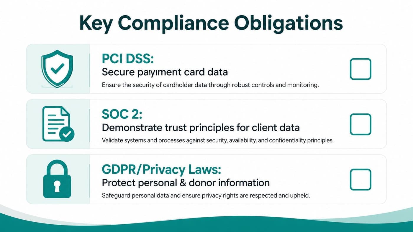 Key compliance obligations covering PCI DSS SOC 2 and privacy duties