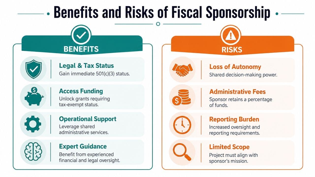 Infographic showing the primary advantages and challenges associated with obtaining fiscal sponsorship for nonprofit projects