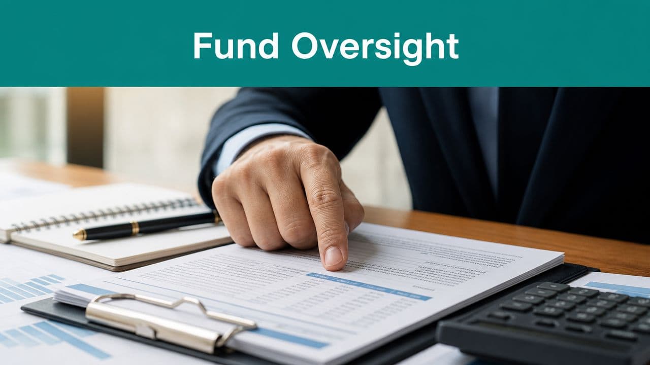 In a business suit reviewing financial fund oversight documents on a desk with a calculator