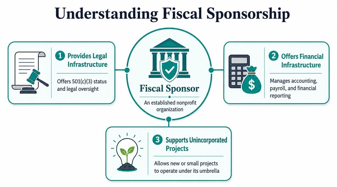 Diagram showing fiscal sponsorship as an established nonprofit providing legal, financial, and project infrastructure support.