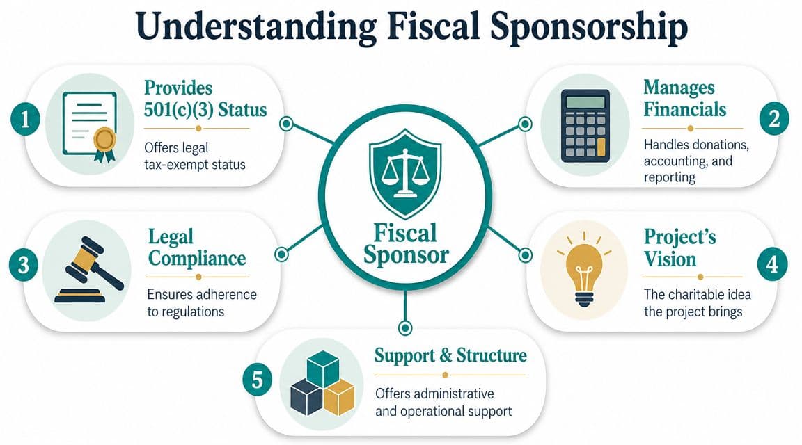Infographic titled Understanding Fiscal Sponsorship outlining five key benefits including tax status