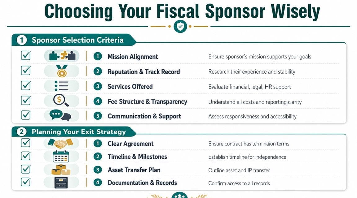 Infographic titled Choosing Your Fiscal Sponsor Wisely outlining selection criteria and exit strategy planning steps.