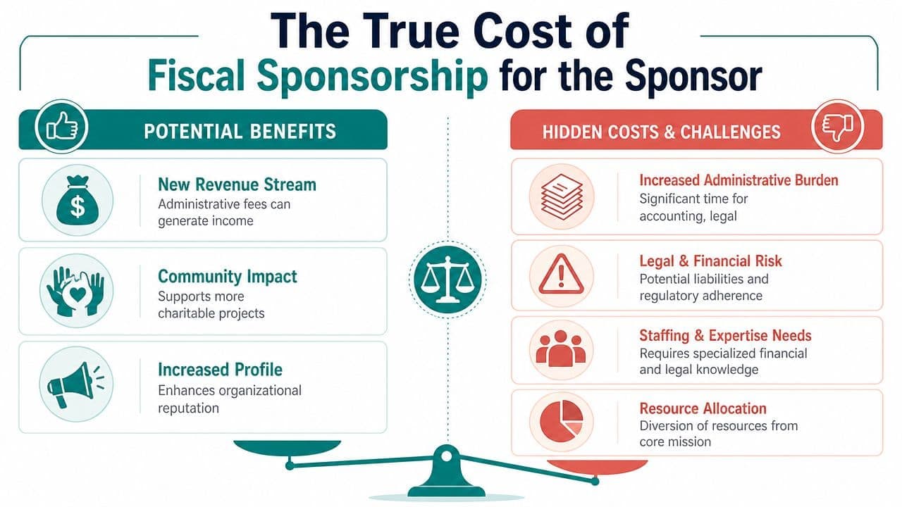 Balance scale infographic comparing benefits versus hidden costs and challenges of fiscal sponsorship for nonprofits