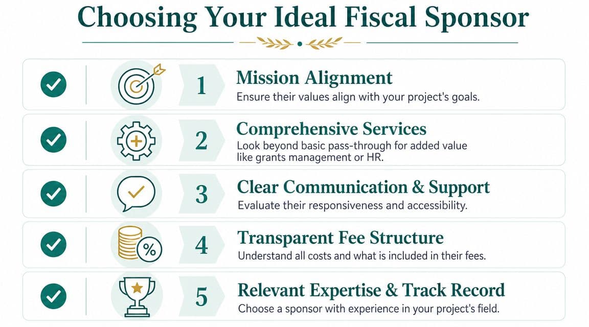 An infographic titled Choosing Your Ideal Fiscal Sponsor, listing five key steps for selecting a partner.