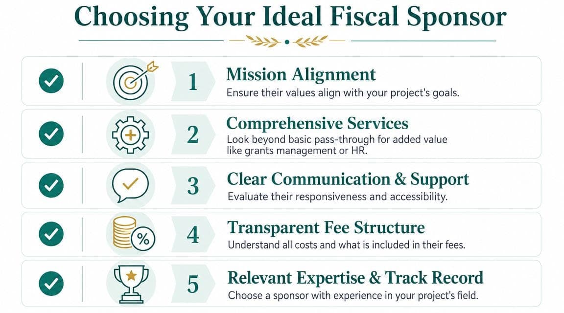 Infographic titled Choosing Your Ideal Fiscal Sponsor, listing five key steps for selecting a partner.