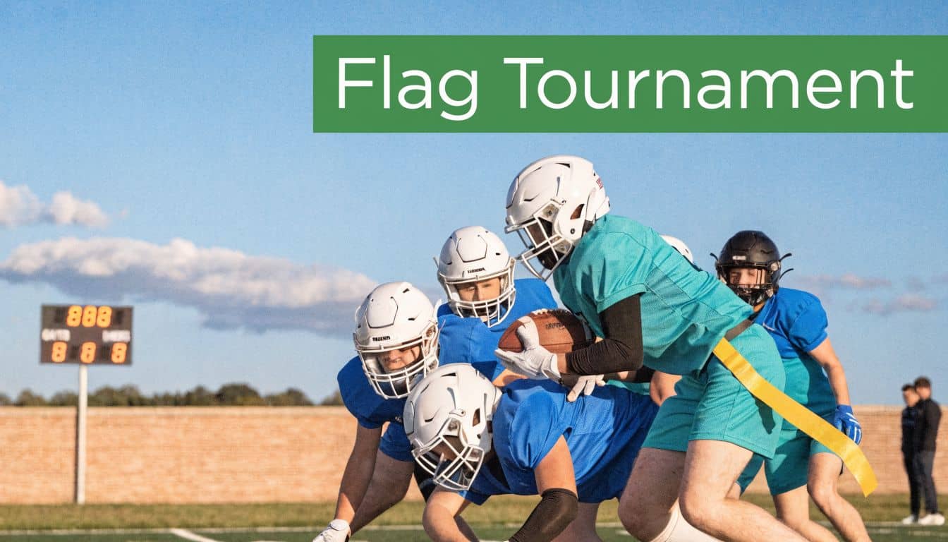 Youth flag football players lining up during a tournament game