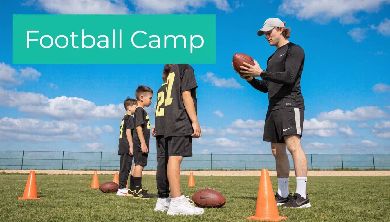 Football coach instructing young players during a youth camp session
