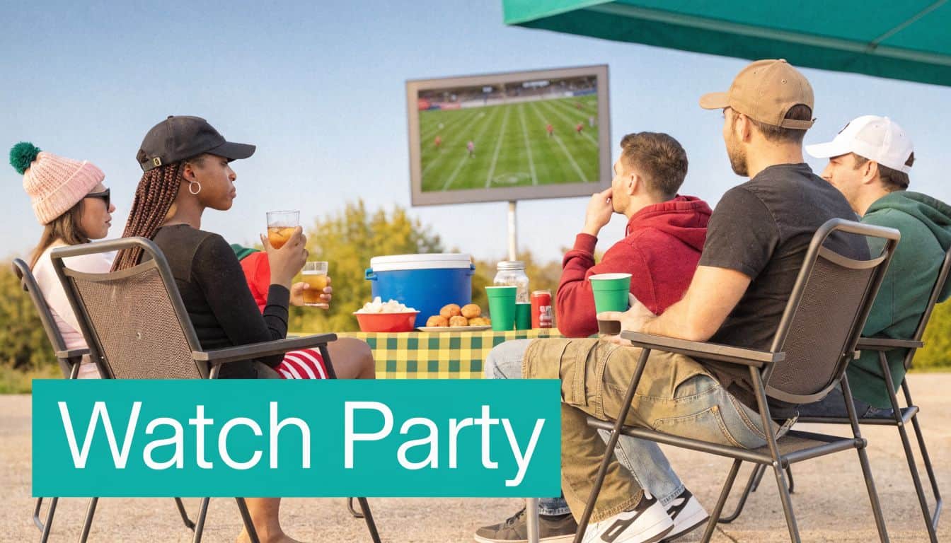 Friends watching a football game together at an outdoor table