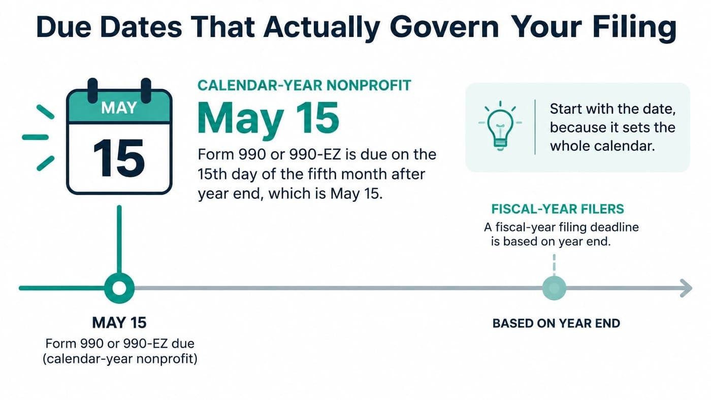 Infographic showing the May 15 Form 990 deadline for calendar-year nonprofits