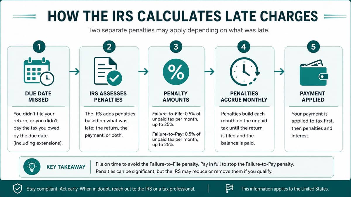 Five steps showing how the IRS calculates a late Form 990 penalty