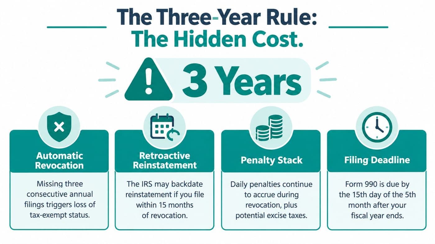 Risks of missed Form 990 filings including automatic loss of tax-exempt status