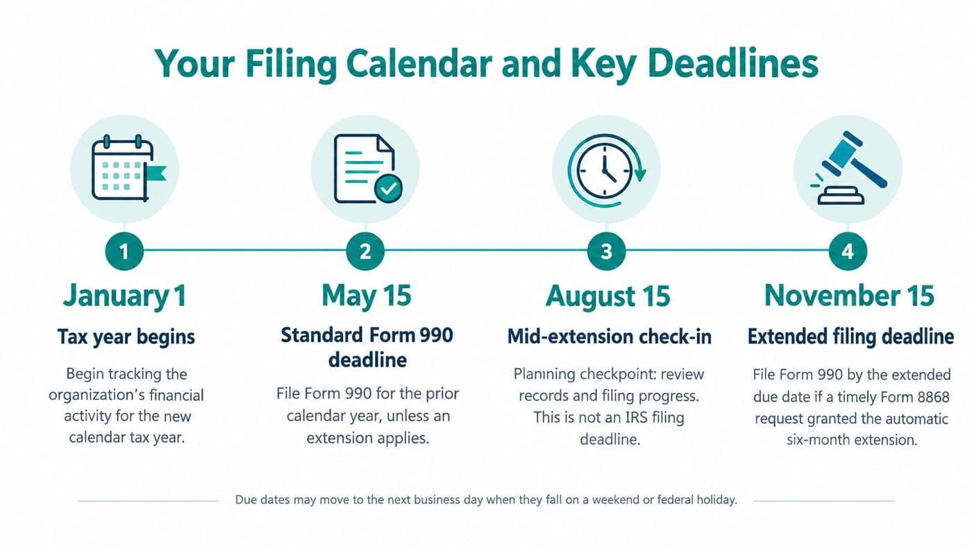 Timeline of nonprofit Form 990 deadlines from January through November