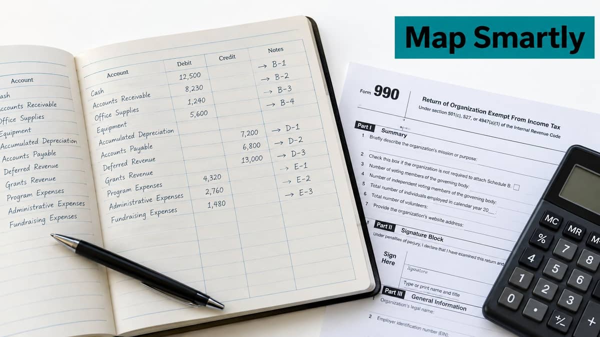 Open accounting journal beside a Form 990 return and a calculator