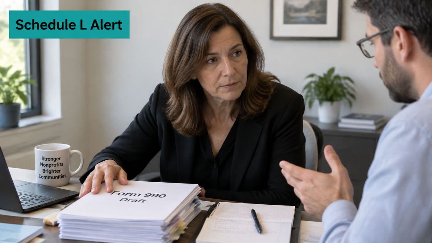 Two colleagues reviewing a Form 990 draft together in an office