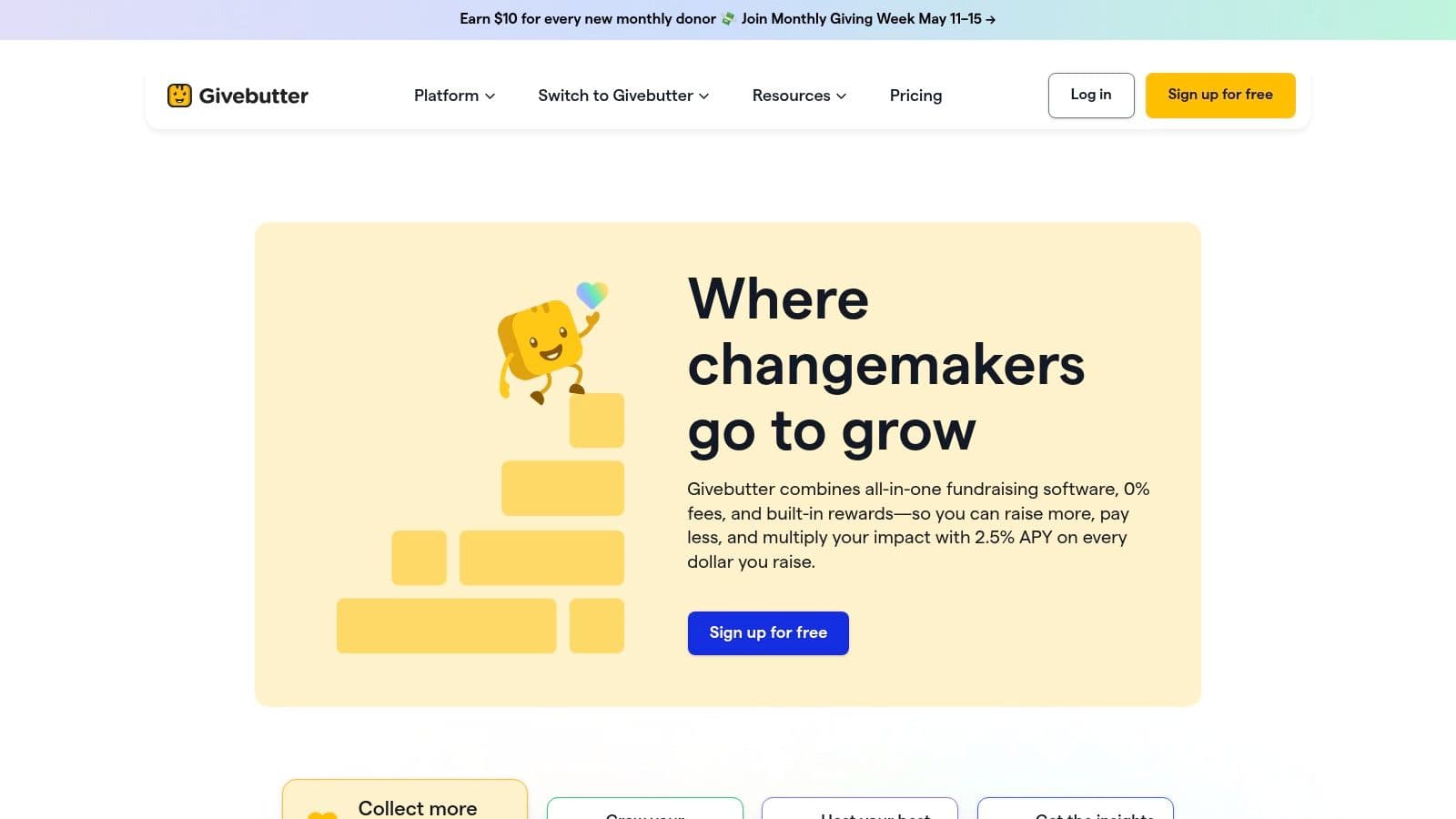 Software interface showing givebutter homepage in this free CRM for nonprofits guide