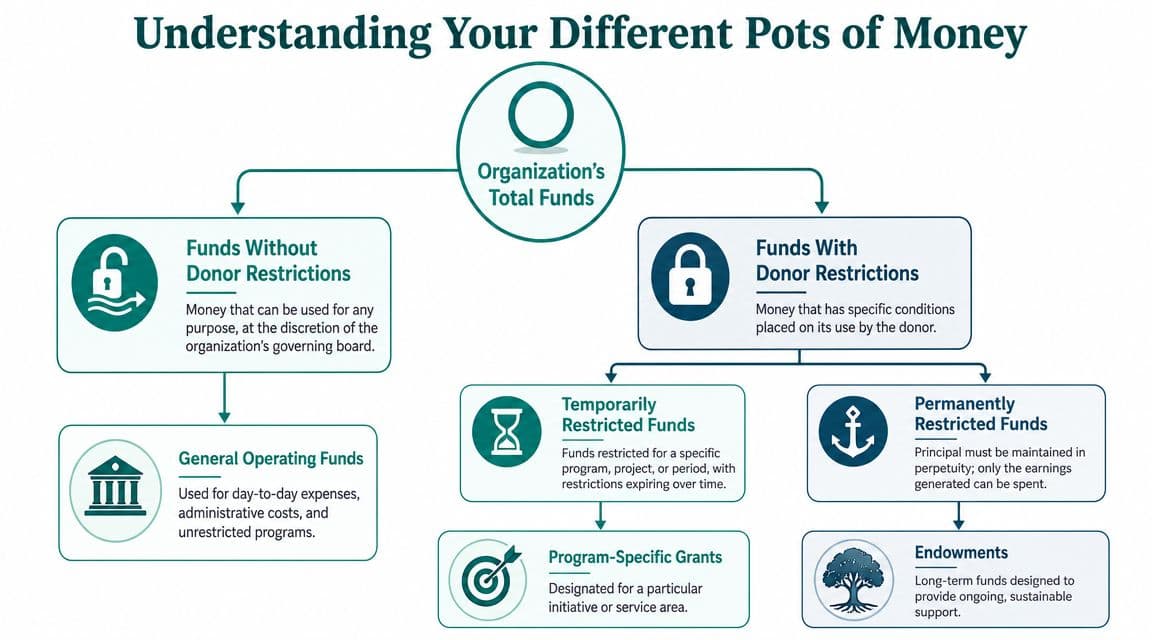 A flowchart showing the different types of organizational funds including restricted and unrestricted money categories.