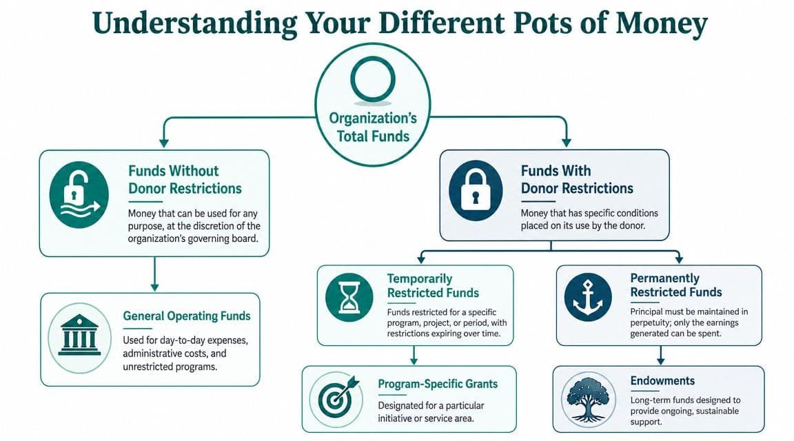 A flowchart showing the different types of organizational funds including restricted and unrestricted money categories.