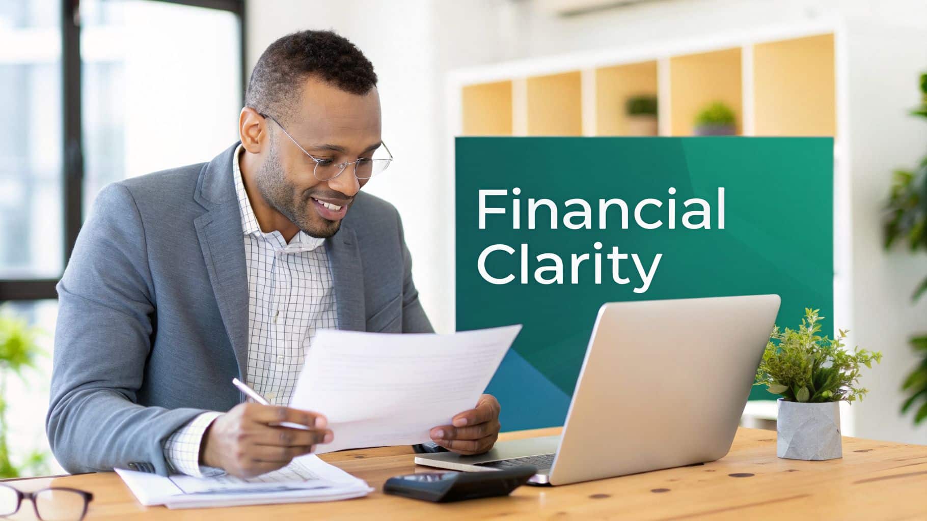 Smiling man studies fund accounting papers beside a Financial Clarity sign