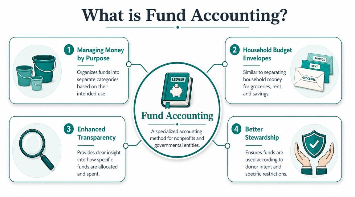 An infographic titled What is Fund Accounting detailing four key benefits for nonprofits and government organizations.