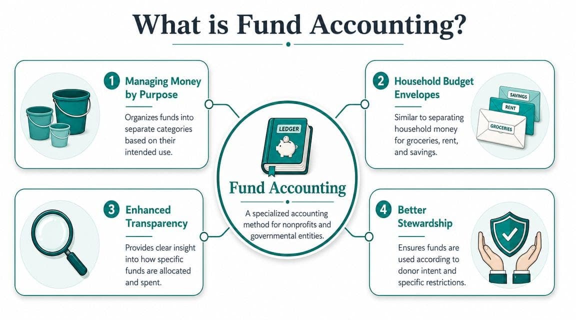 Infographic titled What is Fund Accounting detailing four key benefits for nonprofits and government organizations.