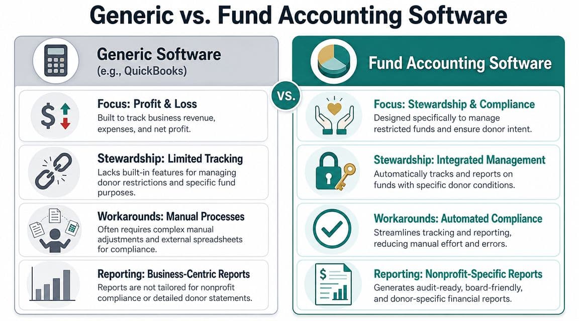 A comparison chart showing differences between generic business accounting software and specialized fund accounting software for nonprofits.